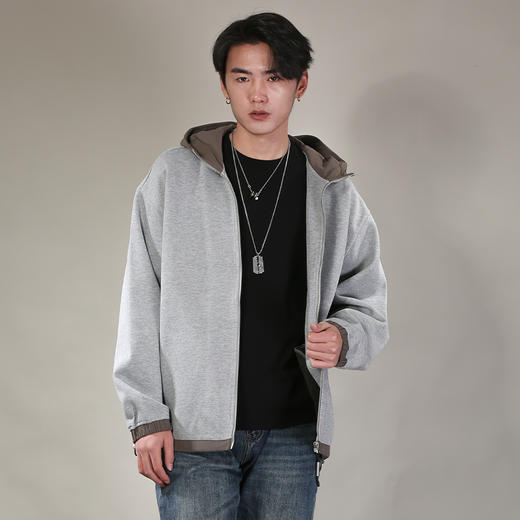 DRONKOO 2026 连帽帽子下摆袖口撞梭织料针织中厚开衫 商品图1