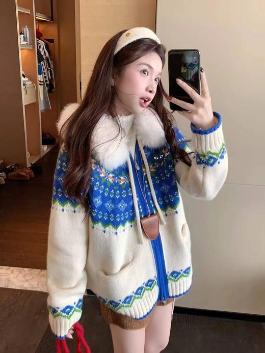 F012419甜酷风的费尔岛提花连帽针织开衫短款宽松连帽设计外套 商品图1