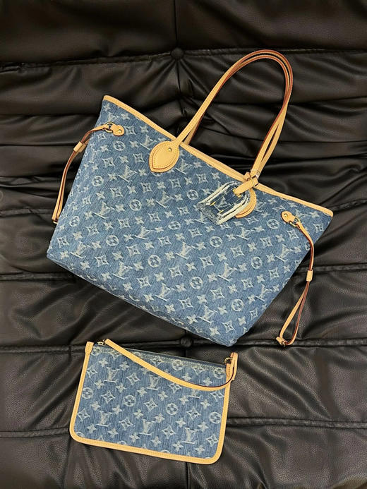 LV Neverfull 中号 蓝色 老花 丹宁拼植鞣革  购物袋 商品图0