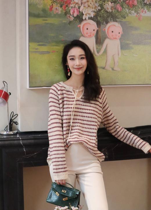 PIANAI冷小姐# v领绑带条纹针织衫 商品图2