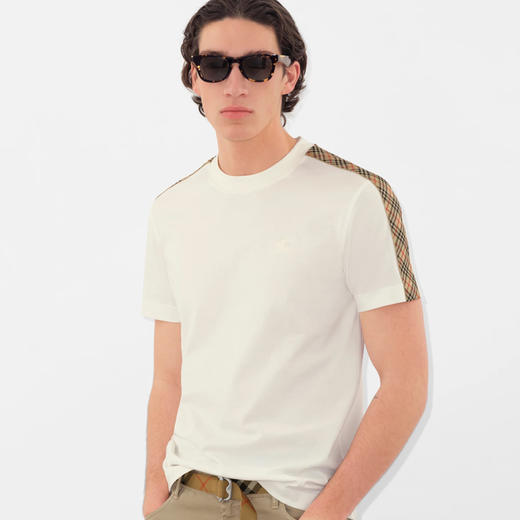 BURBERRY 巴宝莉 男士格纹饰边棉质圆领短袖T恤 白色 8106246 B8764 商品图2