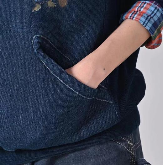 F012474靛蓝侧拼罗纹划桨图案插兜连帽卫衣 商品图8