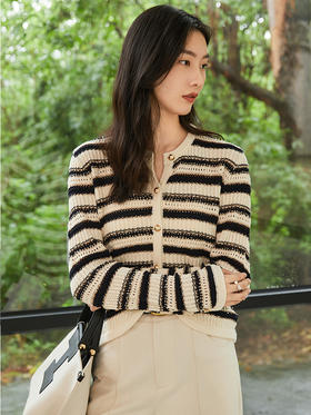 高级感小香风针织开衫 春季黑白条纹宽松显瘦通勤上衣