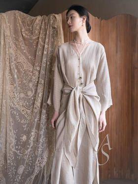 Cortana 26PS 米色亚麻提花条纹eloise围裹式连衣裙