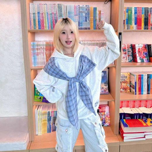 美式复古高街【连帽衫卫衣】男女春季 宽松慵懒绑带格子蝴蝶结上衣潮  商品图1