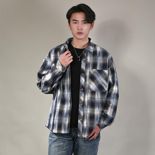 DRONKOO 2026 翻领左金属标贴袋撞色格纹中厚衬衣外套 商品图1