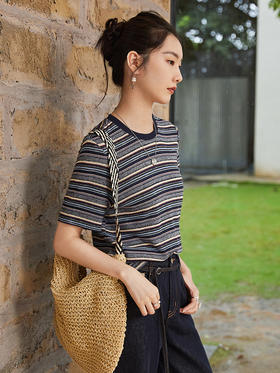 混彩条纹针织 T 恤女 2026 春夏装新品 藏青色肌理感短袖显瘦上衣