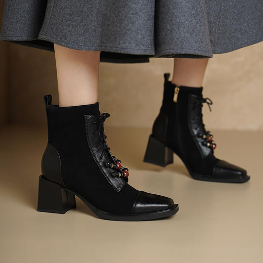 【预售5天】韩版短靴方头短筒时装靴气质百搭粗跟羊翻女靴子BXJ&657-2 商品图1
