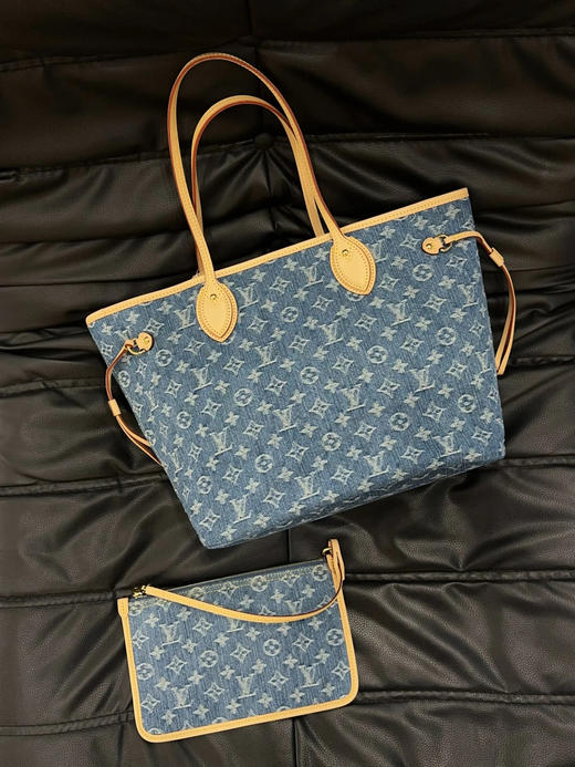 LV Neverfull 中号 蓝色 老花 丹宁拼植鞣革  购物袋 商品图1