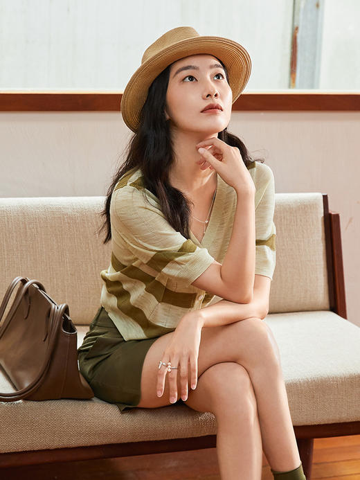 慵懒风条纹针织开衫 春夏季新款 V 领宽松显瘦中袖空调衫外搭 商品图0