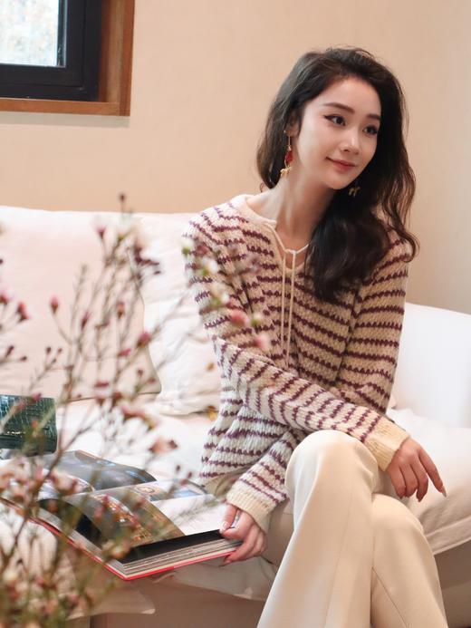 PIANAI冷小姐# v领绑带条纹针织衫 商品图0