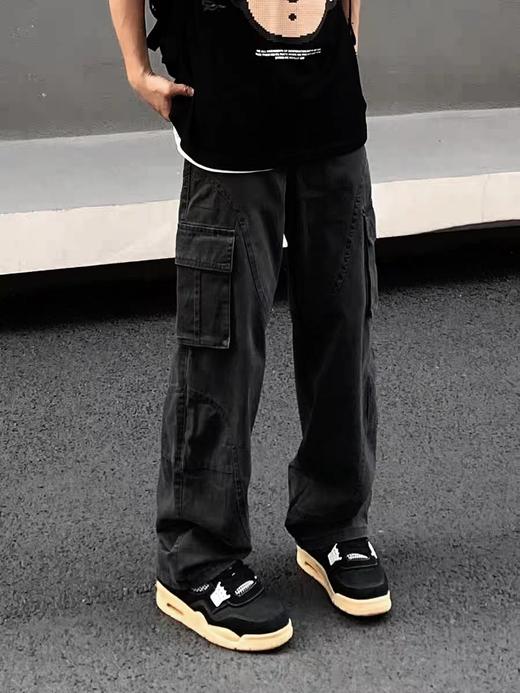 F012457新款美式高街碳素水洗直筒大口袋工装裤子可调节腰带长裤 商品图3