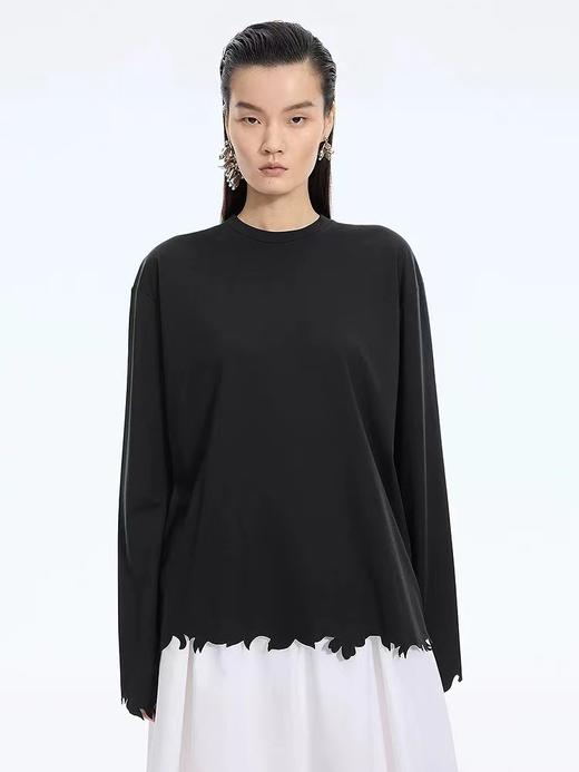 F012478春新品T恤剪纸切割刺绣边圆领长袖T恤 商品图3