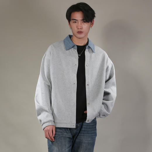 DRONKOO 2026 翻领牛仔拼领金属扣针织中厚开衫 商品图2