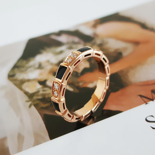 【95新】BVLGARI宝格丽Serpenti Viper系列356545玫瑰金镶钻镶黑玛瑙蛇骨戒指54号女士 100126AK20 商品图5