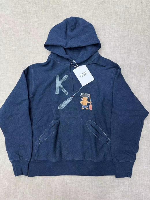 F012474靛蓝侧拼罗纹划桨图案插兜连帽卫衣 商品图0