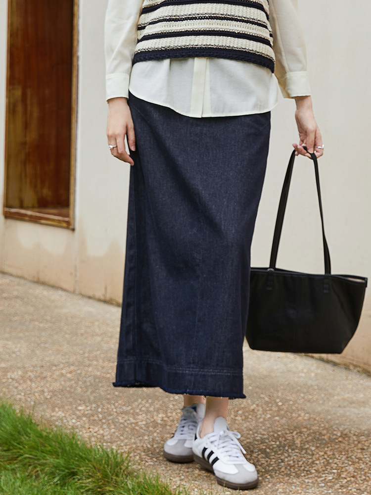 复古深蓝牛仔半裙 春季新款高腰毛边显瘦通勤中长裙