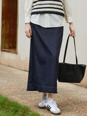 复古深蓝牛仔半裙 春季新款高腰毛边显瘦通勤中长裙