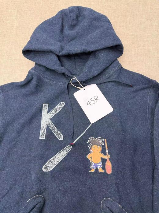 F012474靛蓝侧拼罗纹划桨图案插兜连帽卫衣 商品图1