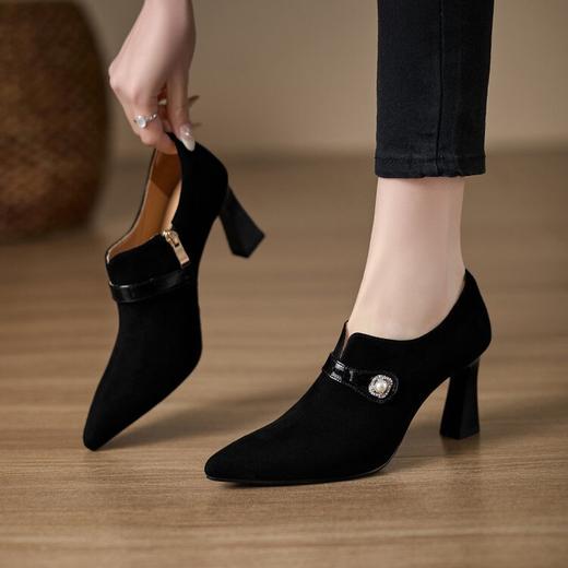 【预售5天】磨砂软皮高跟鞋女粗跟真皮百搭通勤风显瘦尖头小皮鞋深口单鞋女DS&1650-1 商品图3