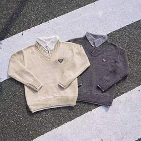 F012408新款慵懒风复古老钱风假两件v领翻领毛衣