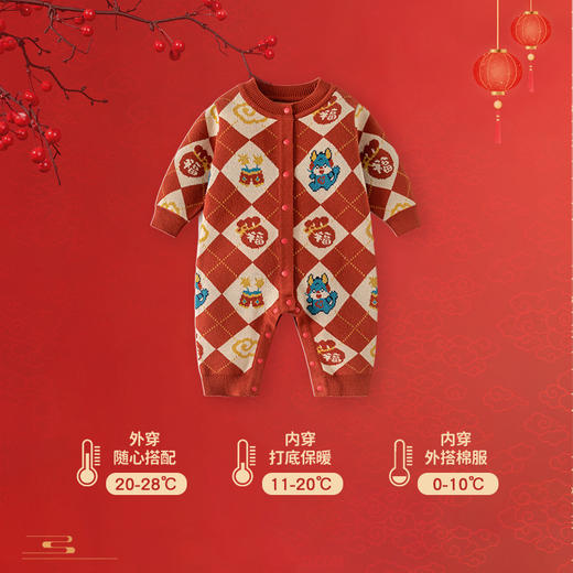 【福气满满】加厚纯棉婴儿连体衣A类秋冬新年款芝麻底婴儿拜年服 商品图1