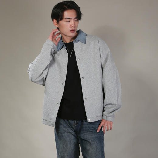 DRONKOO 2026 翻领牛仔拼领金属扣针织中厚开衫 商品图3