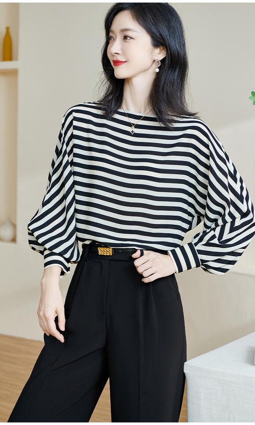 剩M/XL 钢琴黑白键衬衫 米思阳2026春款时尚洋气经典条纹衬衫女宽松显瘦长袖上衣2020 商品图4