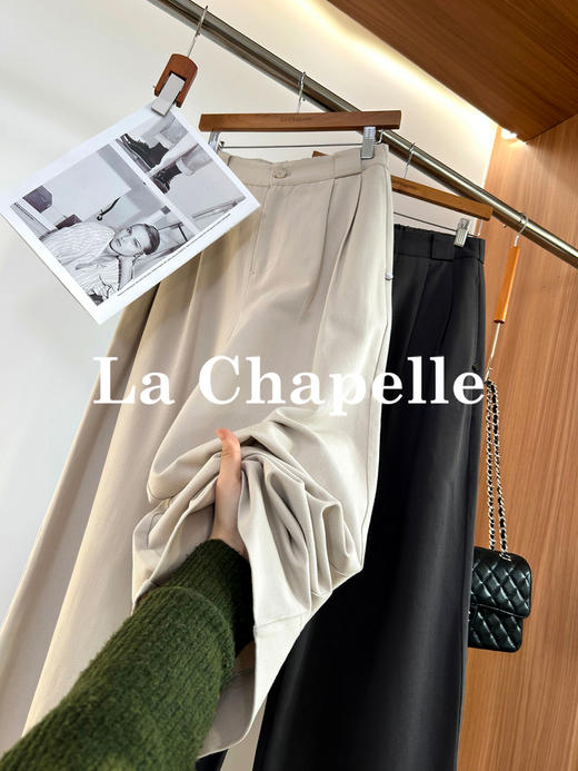 专柜实拍【莱赛尔+亚麻】拉夏贝尔/La Chapelle扣捏褶后腰松紧休闲裤宽松直筒百搭裤 商品图4