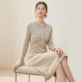 「自」全新升级【铂金会员441/天猫589/差价148】(00042)洛诗琳重工镶钻连衣裙2026新款法式小香风高级感显瘦针织裙