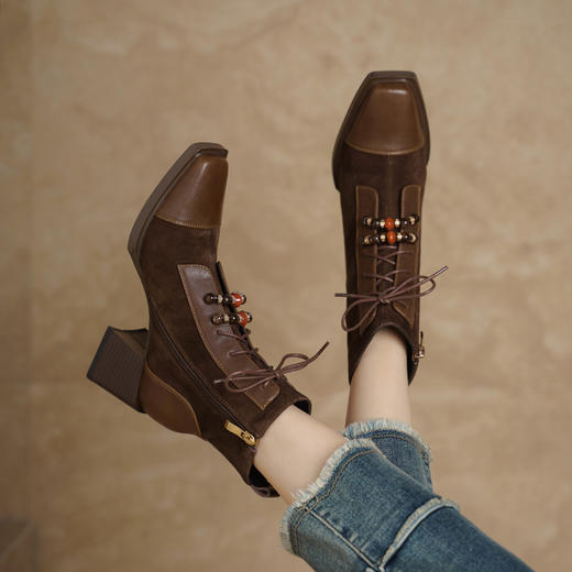 【预售5天】韩版短靴方头短筒时装靴气质百搭粗跟羊翻女靴子BXJ&657-2 商品图0