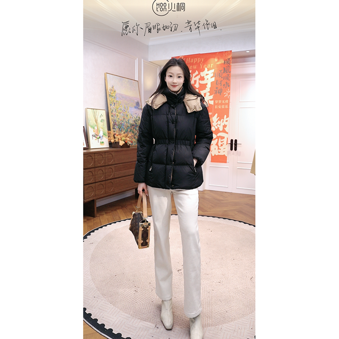 火桐hooton AGNEUX收腰黑金连帽短款羽绒服夹克外套