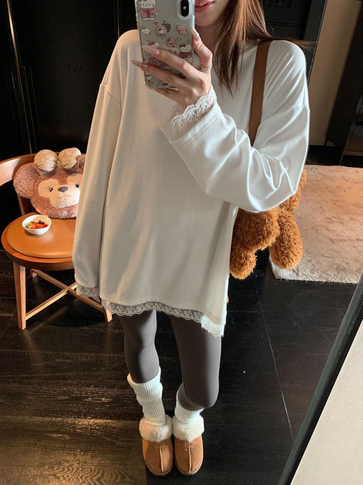【YW】无忧购拼接蕾丝暖绒加厚百搭宽松慵懒保暖圆领大白长袖T（截单后3-5天发货) 商品图10