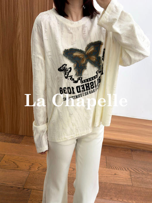 专柜实拍【时髦精BI入】拉夏贝尔/La Chapelle圆领撞色蝴蝶字母长袖T恤~显瘦遮肉打底衫 商品图2