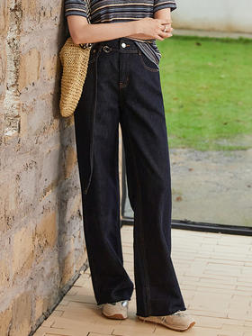 抽绳翻边毛边牛仔裤女 2026 春装新品 原色深蓝高腰显瘦九分阔腿裤