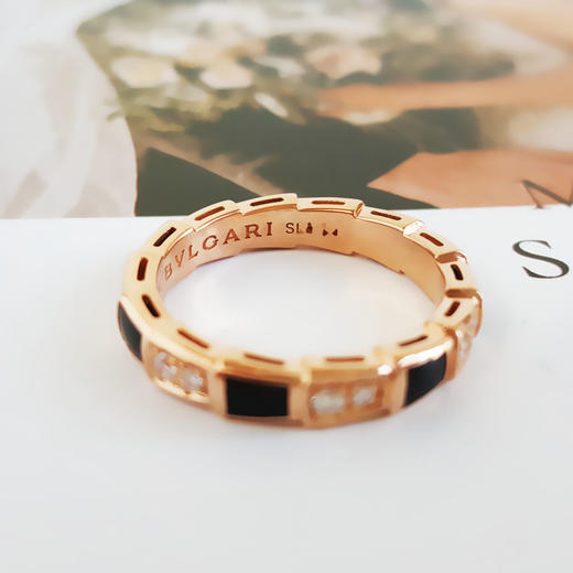 【95新】BVLGARI宝格丽Serpenti Viper系列356545玫瑰金镶钻镶黑玛瑙蛇骨戒指54号女士 100126AK20 商品图4