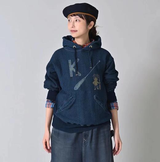 F012474靛蓝侧拼罗纹划桨图案插兜连帽卫衣 商品图3