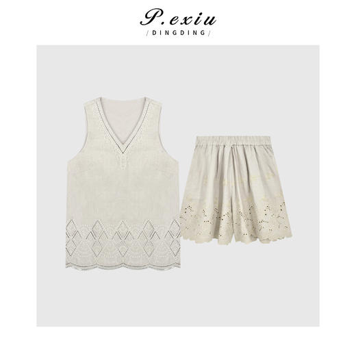 04-3潘依绣丁丁宠粉时髦重工镂空松紧腰套装 Q8691 商品图0