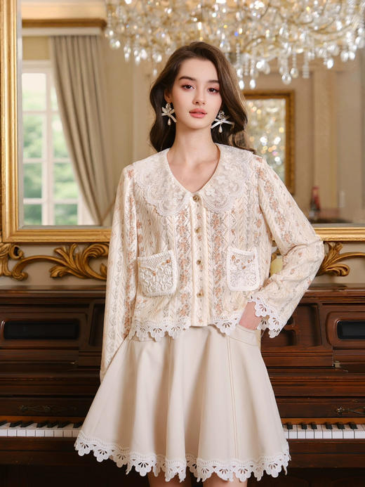 可拆式蕾丝领杏色碎花宽松针织开衫 商品图0