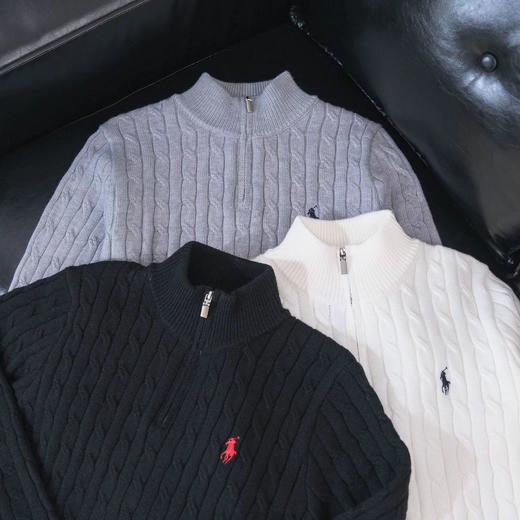 F012406新款精典老花半拉链纯色小马刺绣logo麻花针织内搭百搭套头毛衣 商品图1