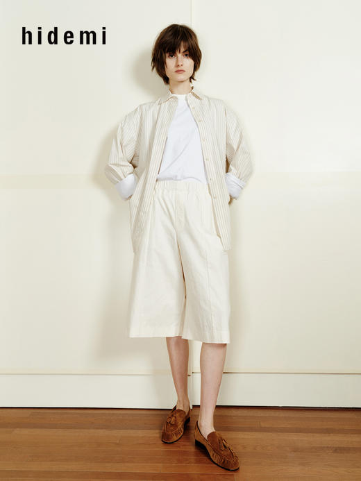 hidemi副线小h 休闲条纹翻领落肩长袖衬衫上衣 商品图1