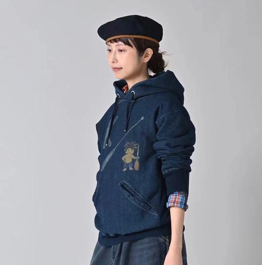 F012474靛蓝侧拼罗纹划桨图案插兜连帽卫衣 商品图5