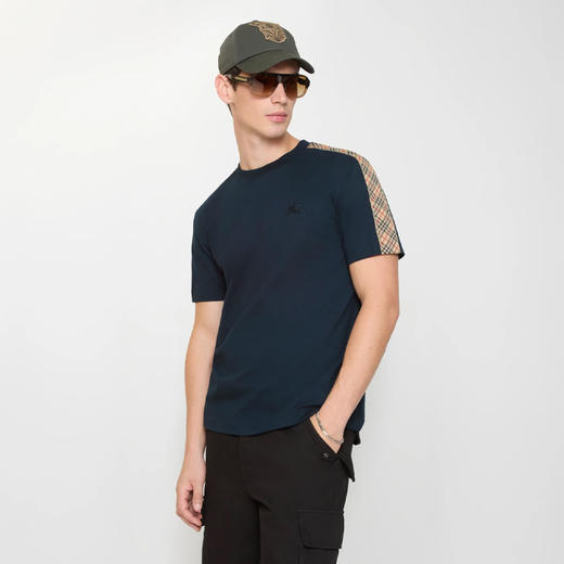 BURBERRY 巴宝莉 男士格纹饰边棉质圆领短袖T恤 蓝色 8123257 A1222 商品图1