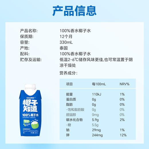 椰子知道 泰国原装进口100%NFC香水椰子水 330ml 6瓶装/12瓶装 商品图4