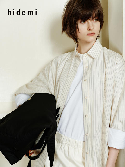 hidemi副线小h 休闲条纹翻领落肩长袖衬衫上衣 商品图4