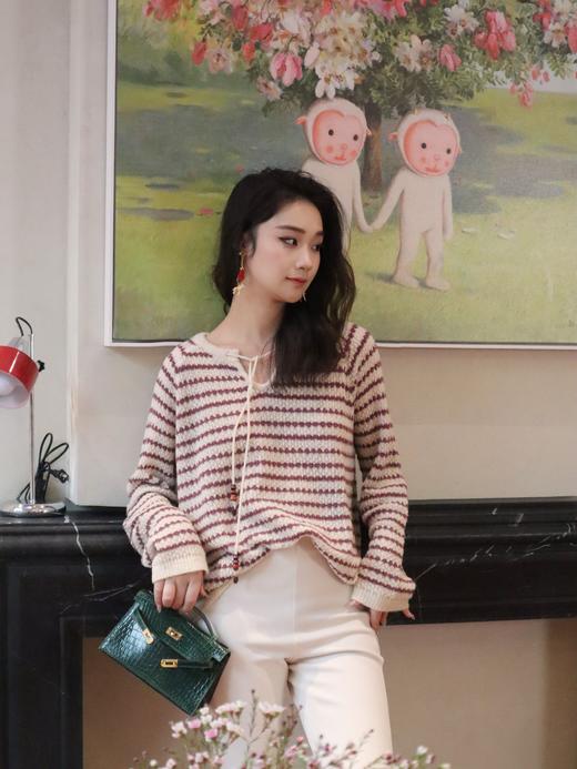 PIANAI冷小姐# v领绑带条纹针织衫 商品图3