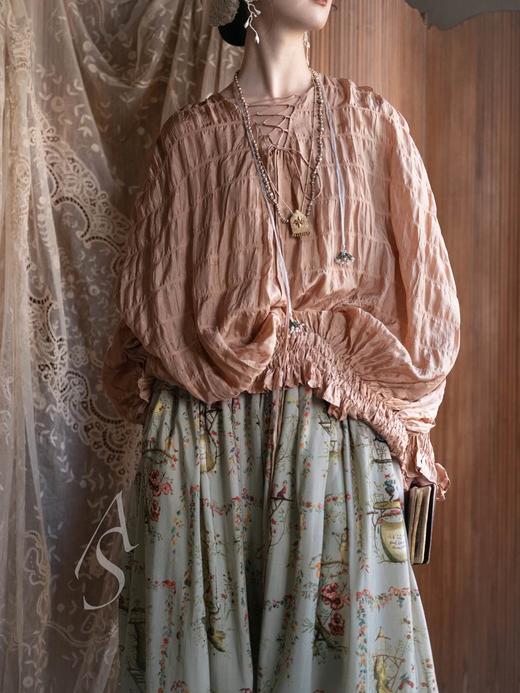 Mutedance 杏粉色真丝肌理褶皱系带上衣 商品图2