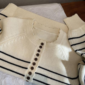 渠道货~2026法式高知花边亨利领条纹针织羊毛毛衣！新年条纹毛衣！