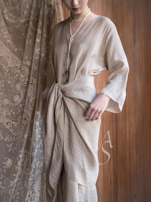 Cortana 26PS 米色亚麻提花条纹eloise围裹式连衣裙 商品图1