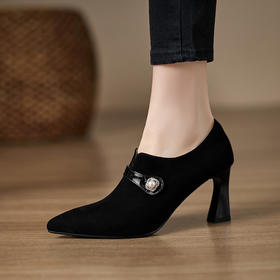 【预售5天】磨砂软皮高跟鞋女粗跟真皮百搭通勤风显瘦尖头小皮鞋深口单鞋女DS&1650-1